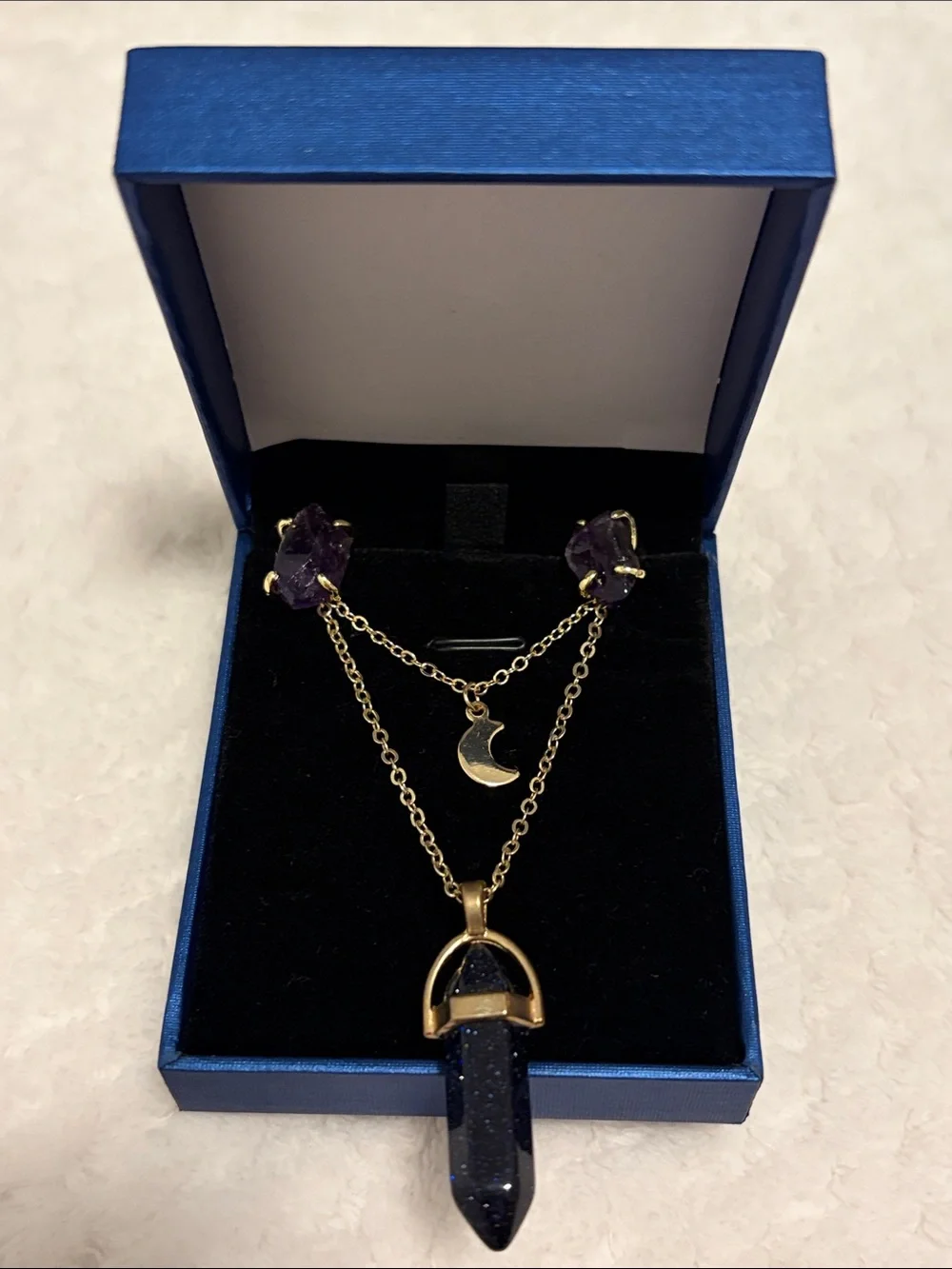 NWOT Gold-Tone Layered Necklace with Purple Stone & Moon Charm & Earrings Set